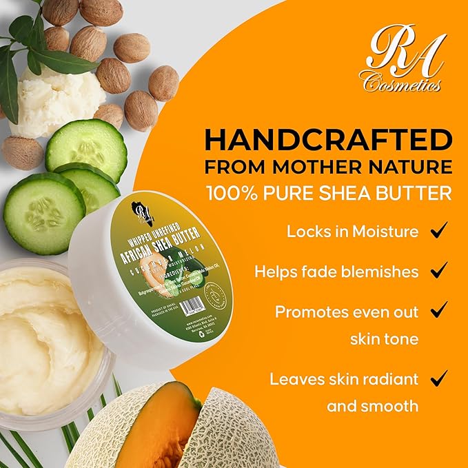 RA COSMETICS Whipped Shea Butter Cucumber-Melon - 12oz | 100% Pure & Natural African Shea Butter for Men & Women - Ultimate Handcrafted Moisturizer with Essential Vitamins for Radiant Skin