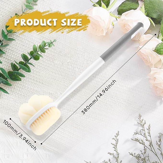2 Pcs Long Handled Shower Brush Double Sided Bath Brush Massage Body Cleaning Mesh Sponge with Soft Bristles and Loofah for Skin Exfoliating Women Men - Grey