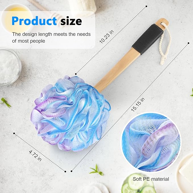 Loofah on a Stick PE Soft Mesh Luffa with Non-Slip Wooden Handle Made of Soft and Sturdy Rubber Material Back Scrubber for Shower for Women and Men with String for Easy Hanging(Purple Blue White)