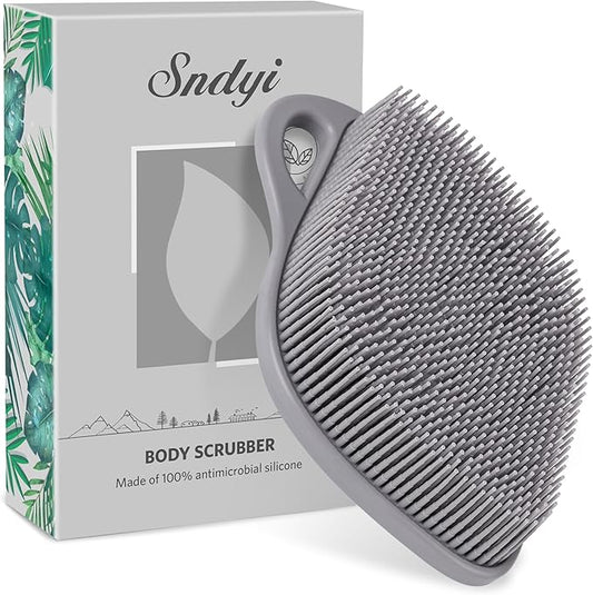 Sndyi Silicone Body Scrubber, Gentle Exfoliating Body Scrubber for Sensitive Skin, Leaf Shaped Shower Scrubber for Body with Lathering Bristles, Silicone Loofah Body Brush for Showering, Gray
