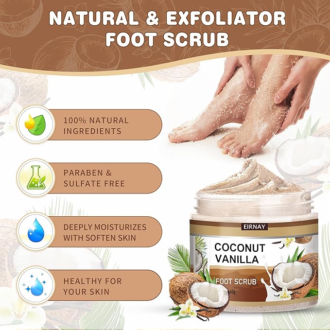 Coconut & Vanilla Foot Soak Set - Salts, Foot File, Scrub & Urea Cream Pedicure Supplies for Dry, Cracked Feet - Foot Spa Pedicure Kit for Women Men