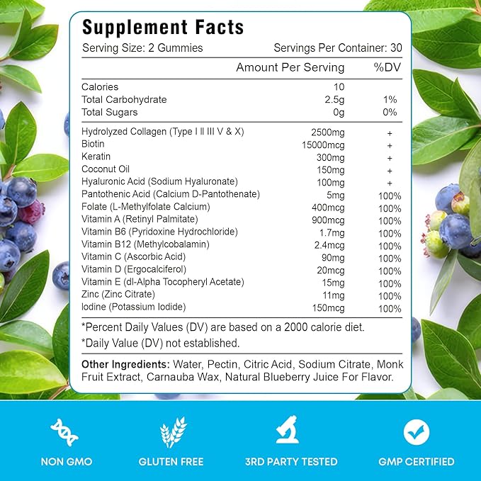 2 Pack Biotin Gummies with Collagen & Keratin for Hair Skin Nails- Women Men, Kids - 120 Blueberry Flavored Gummies