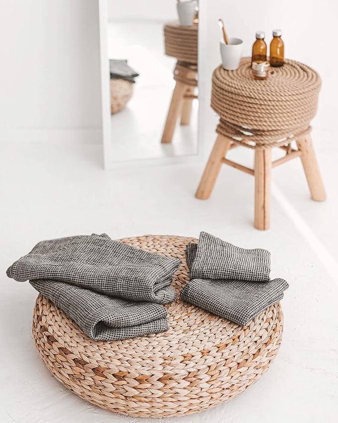 Linen Waffle Towels for Bathroom - 4-Piece 100% Linen Towel Set - 2 Bath and 2 Hand Towels - Black-Natural Thin Pre-Washed Lightweight Quick-Dry Absorbent - Made from European Natural Pure Flax