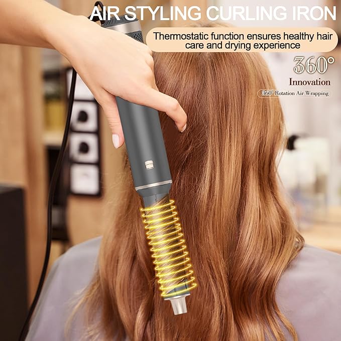 5 in 1 Hot Air Brush - Blow Dryer Brush & Air Curling Wrap Styler with Negative Ion Technology, Hair Dryer Brush for Drying, Curling, Straightening & Styling, Holiday Gift for Women (Grey)