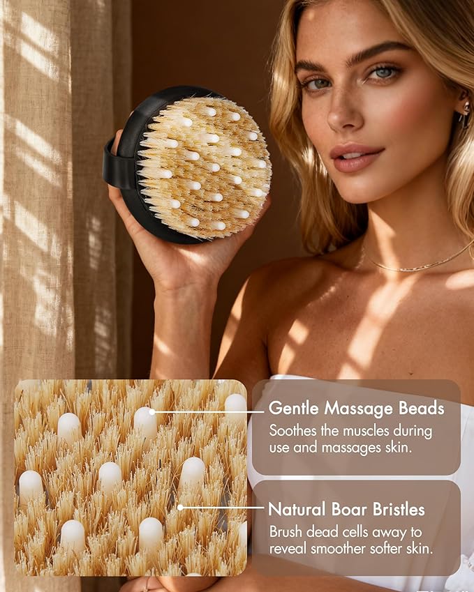 Dry Brushing Body Brush for Massage - Natural Boar Bristle Exfoliating Brush with Massage Nodes for Lymphatic Drainage, Cellulite, Blood Circulation Improving Skin Health for Women Men Elderly(Black)