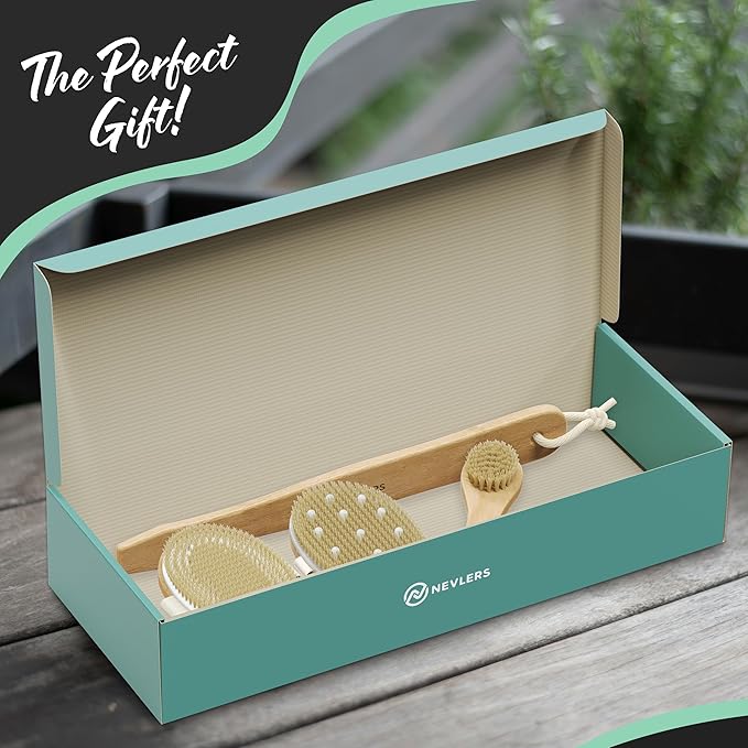 Nevlers Natural Boar Bristle Dry Brushing Set | 4-Piece Body Brush Kit for Exfoliating, Lymphatic Drainage & Circulation | Body Brush, Face Brush, Long-Handled Back Brush + Storage Bag