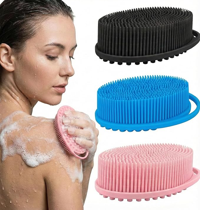 Silicone Body Scrubber Exfoliating 3 Pack, Shower Scrubber for Body,Loofah Alternative for Women Men, 2 in 1 Bath and Shampoo Brush with Handle,Body Exfoliator Tool for Skin, Back,Showering