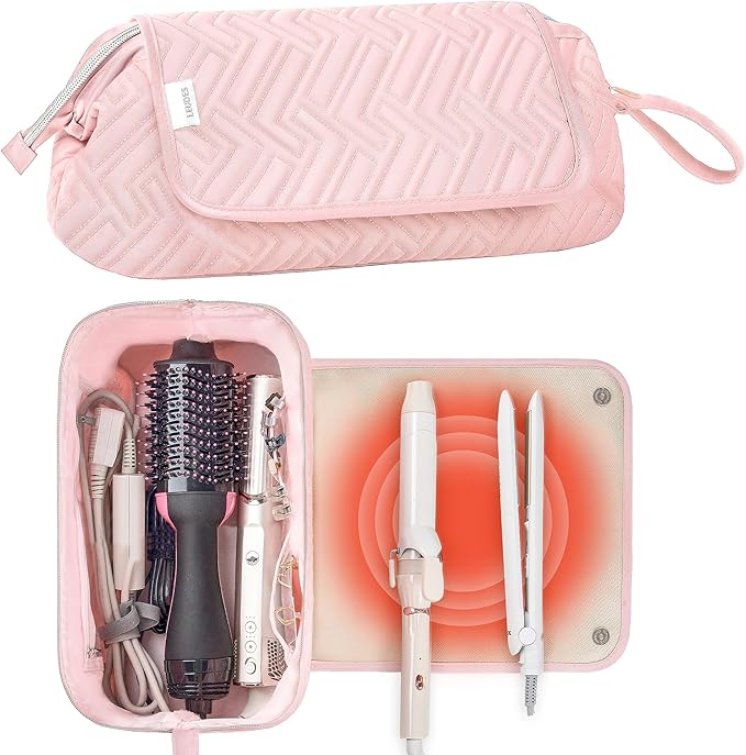 Leudes Hair Tools Travel Bag for Women Heat Resistant Mat for Travel Essentials Hot Tools Straighteners,Flat Irons,Curling Iron,Hot Air Brushes and Hair Dryer Organizer Bags 2 in 1(Pink)