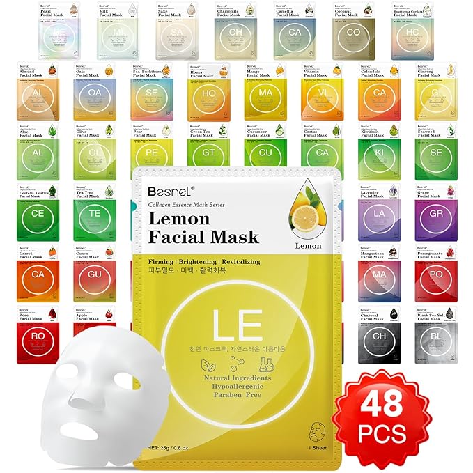 48 Packs Collagen Sheet Facial Masks,Plant Extract and Sodium Hyaluronate,Effective Care for All Skin Types,Skincare Spa Korean Face Mask