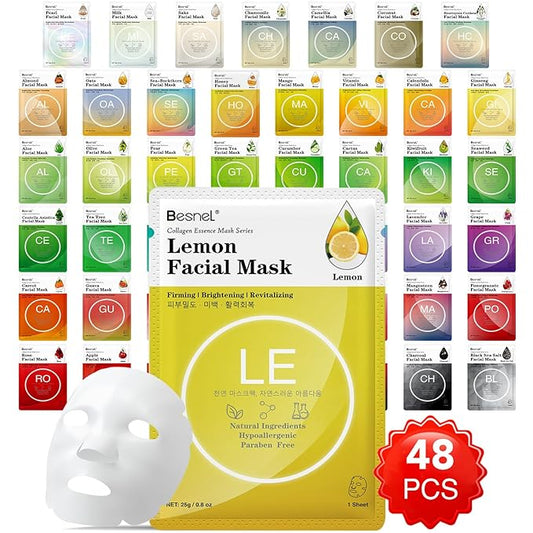 48 Packs Collagen Sheet Facial Masks,Plant Extract and Sodium Hyaluronate,Effective Care for All Skin Types,Skincare Spa Korean Face Mask