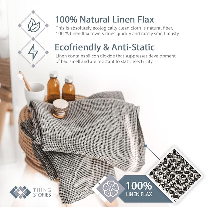 Linen Waffle Towels for Bathroom - 4-Piece 100% Linen Towel Set - 2 Bath and 2 Hand Towels - Black-Natural Thin Pre-Washed Lightweight Quick-Dry Absorbent - Made from European Natural Pure Flax