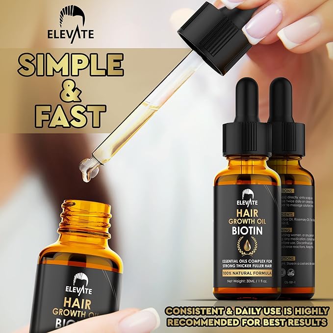 ELEVATE Hair Growth Oil - Biotin Serum & Castor Oil Natural Vitamin Treatment for Stronger, Thicker, Longer Hair and Regrowth - Prevent Thinning and Loss for Men & Women, 1 Fl Oz