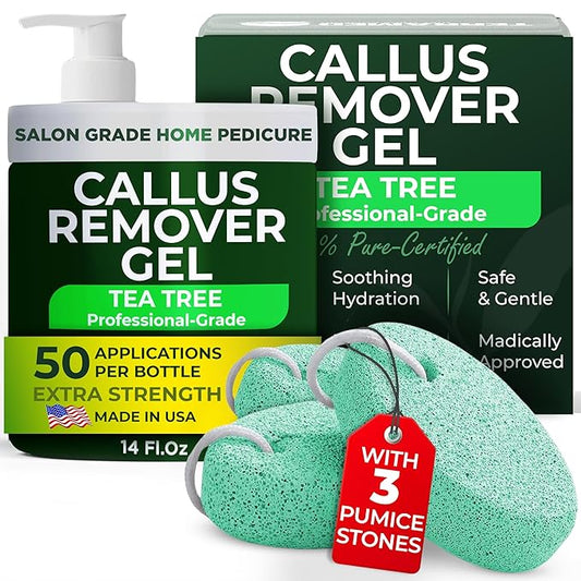 Foot Callus Remover Gel | Extra Strength Callus Remover for Feet with Tea Tree Oil | Professional-Grade Pedicure Treatment | 50 Applications per Bottle, Includes 3 Pumice Stones | 14 fl oz