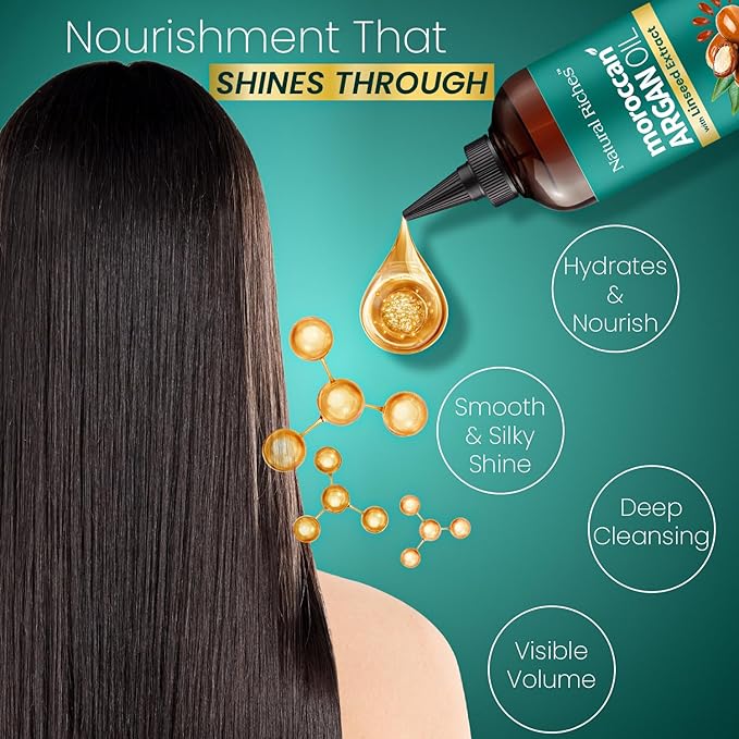 Natural Riches Moroccan Argan Oil Hair Treatment with Linseed Extract – Smooths Frizz, Detangles, Conditions & Boosts Shine – Deep Hydration for Dry, Damaged, Curly & Color-Treated Hair – 8 fl oz
