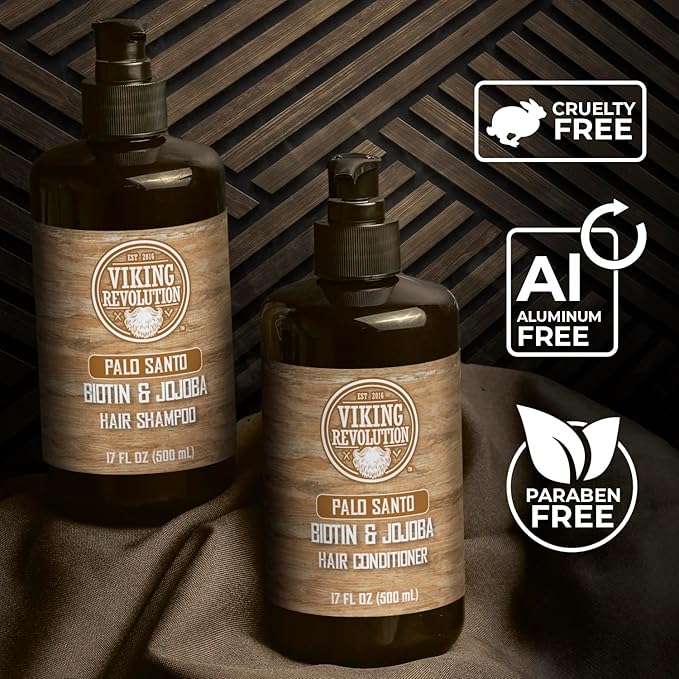 Viking Revolution Palo Santo Mens Shampoo and Conditioner Set with Biotin and Jojoba Oil - Natural Hair Shampoo and Hair Conditioner for Men with Vitamin B5 - Shampoo and Conditioner Set Men (17Oz)