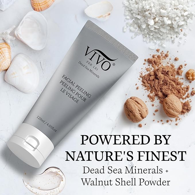 Vivo Per Lei Facial Peeling Gel - Contains Dead Sea Minerals and Nut Shell Powder - Gentle Face Exfoliator Scrub and Blackhead Remover - Peel Your Skin to a Fresher You - 4.05 Fl oz.