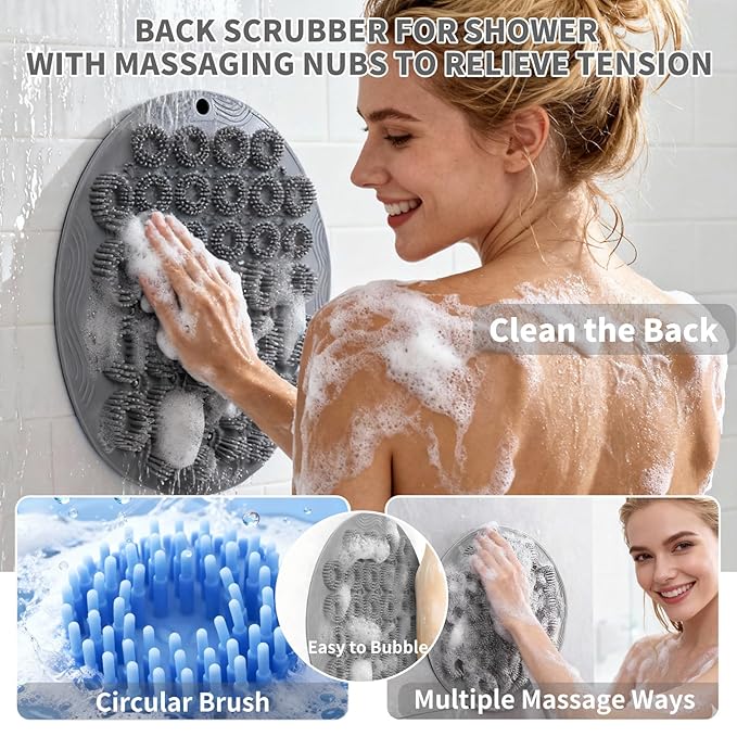 Shower Foot Scrubber Mat & Silicone Back Scrubber with Soft Silicone Bristles,Quick Drying Foot Scrubber in Shower,Deep-Cleaning Wall Mounted Back Scrubber Silicone Bath(Gray)