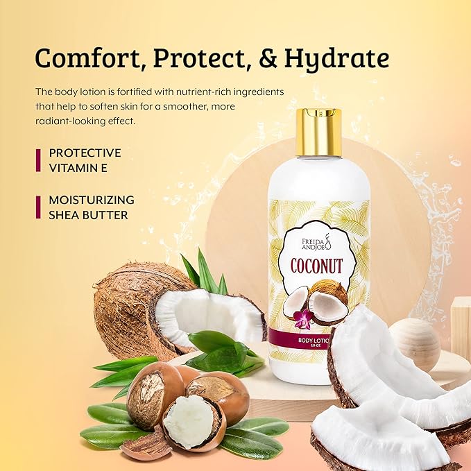 Freida and Joe Scented Body Lotion For Women, Deep Moisturizing Hand Cream, Womens Luxury Stocking Stuffers, 10oz (Coconut)