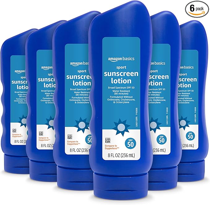 Amazon Basics Sport Sunscreen Lotion SPF 50, Water Resistant (80min), Formulated without Octinoxate & Oxybenzone, Broad Spectrum UVA/UVB Protection, Unscented, 8 fl oz, 6-Pack