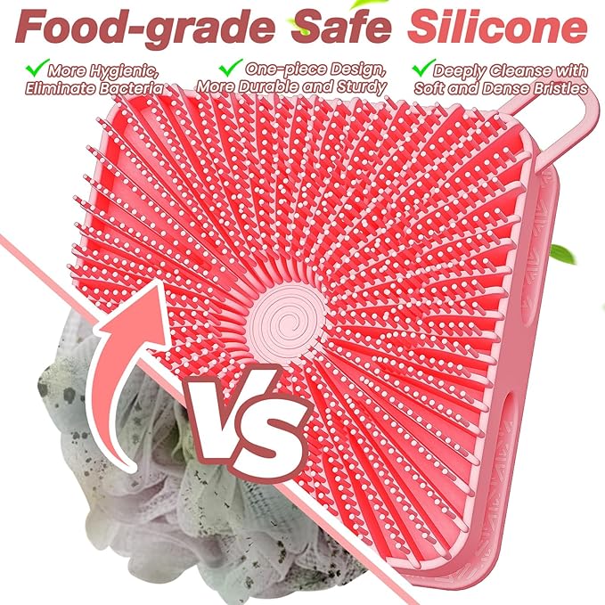 Manmihealth Dual-Sided Silicone Body Scrubber Scalp Massager & African Bath Sponge Net Set, 2-in-1 Silicone Shower Shampoo Brush Africa Wash Net Combination, Lather Well,Strong Exfoliating(Black+Pink)