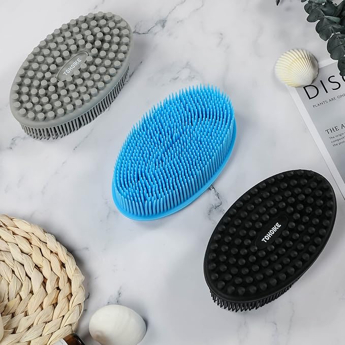 Silicone Body Scrubber Loofah - Set of 3 Soft Exfoliating Body Bath Shower Scrubber Loofah Brush for Sensitive Kids Women Men All Kinds of Skin(Black/Gray/Blue)