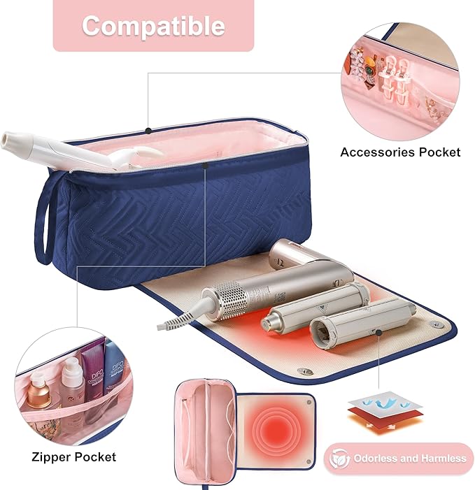Leudes Hair Tools Travel Bag for Women Heat Resistant Mat for Travel Essentials Hot Tools Straighteners,Flat Irons,Curling Iron,Hot Air Brushes and Hair Dryer Organizer Bags 2 in 1 (Navy Blue)