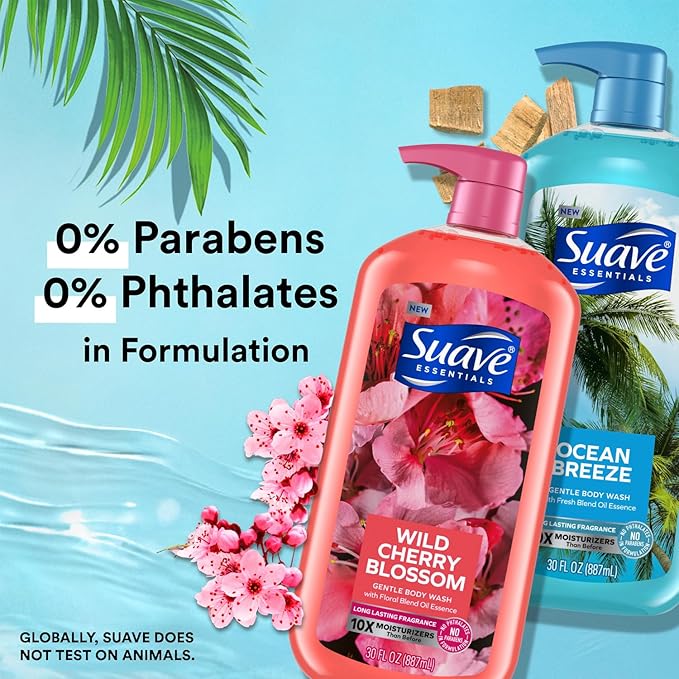 Suave Body Wash Variety Bundle – Ocean Breeze 2-Pack & Wild Cherry Blossom, Gentle & Moisturizing Body Washes with Vitamin E, 30 Oz Ea (3 Piece Set)