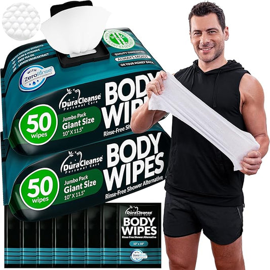 Body Wipes for Men (2 Pack) – 100 XL No Rinse Shower Sheets + 8 Travel Bath Wipes, 10" x 11.5" Adult Disposable Washcloths for After Gym Use, Hunting, Camping and Travel