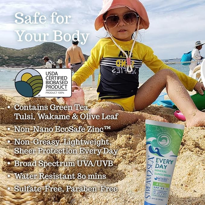 SPF 45 Every Day Kids Mineral Sunscreen | 2.5 Fl Oz Biodegradable, Paraben Free & Reef Safe Sunscreen for Face & Body for Kids | Non-Greasy, Lightweight & Sheer Mineral Protection Against UVA & UVB