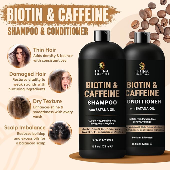 Caffeine Biotin Shampoo and Conditioner Set | 16 fl oz Each | with Batana Oil | Nourishing & Strengthening Formula | Promotes Hair Growth, Thickness & Fuller-Looking Hair