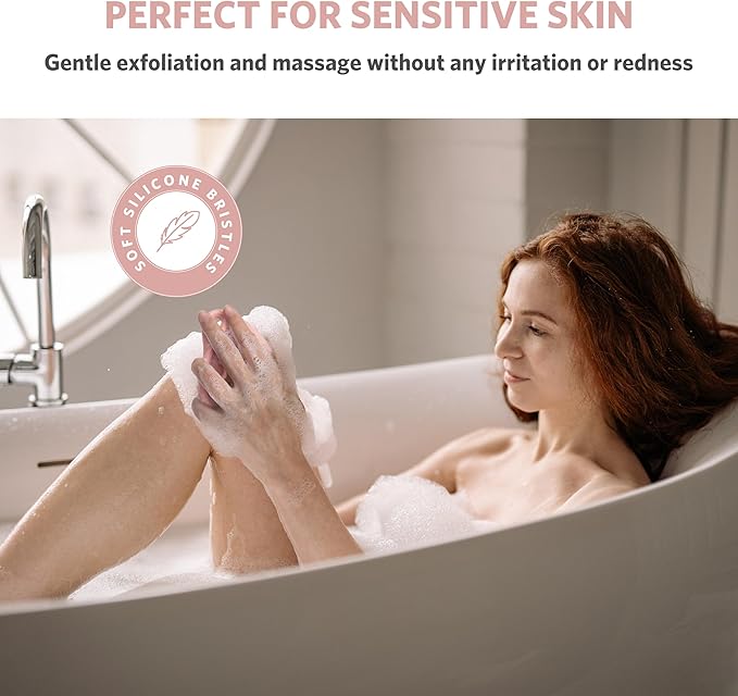 Sndyi Silicone Body Scrubber, Gentle Exfoliating Body Scrubber for Sensitive Skin, Leaf Shaped Shower Scrubber for Body with Lathering Bristles, Silicone Loofah Body Brush for Showering, Pink