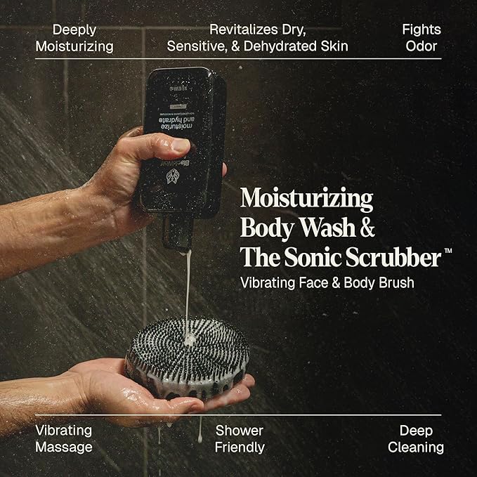 Black Wolf Sonic Scrubber Pro & Moisturizing Body Wash Set - Men's Shower & Bathroom Essentials Gift Set for Dry, Dehydrated, & Sensitive Skin - Hydrating Bodywash & Vibrating Face & Body Scrubber