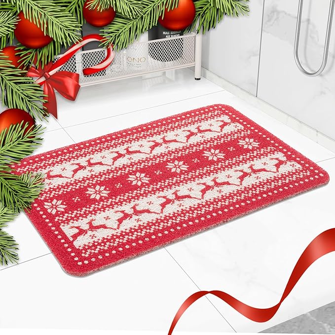 Christmas Non-Slip Bathtub Mat, Anti Slip Shower Mat, Fast Drying Bathtub Mats, Foot Scrubber Mat, Anti Slip Mat for Tub, Floor, Bathroom, Kitchen, Home, Hotel (Reindeer Snowflake, 24"x16")