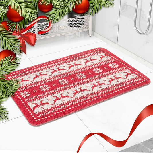 Christmas Non-Slip Bathtub Mat, Anti Slip Shower Mat, Fast Drying Bathtub Mats, Foot Scrubber Mat, Anti Slip Mat for Tub, Floor, Bathroom, Kitchen, Home, Hotel (Reindeer Snowflake, 24"x16")