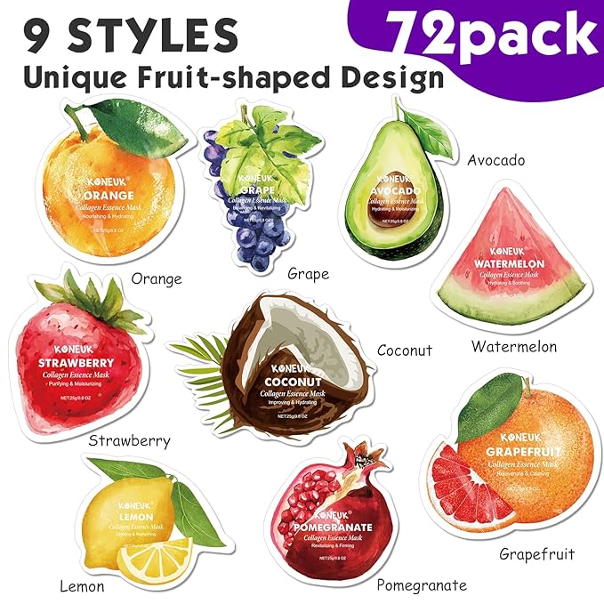 72 Pack Fruit Shaped Sheet Face Mask, Stocking Stuffers for Women, Collagen Hydrating Face Masks Skincare for All Skin Types, Bulk Christmas Gifts and Spa Party Gifts(9 Types x 8 Pcs)