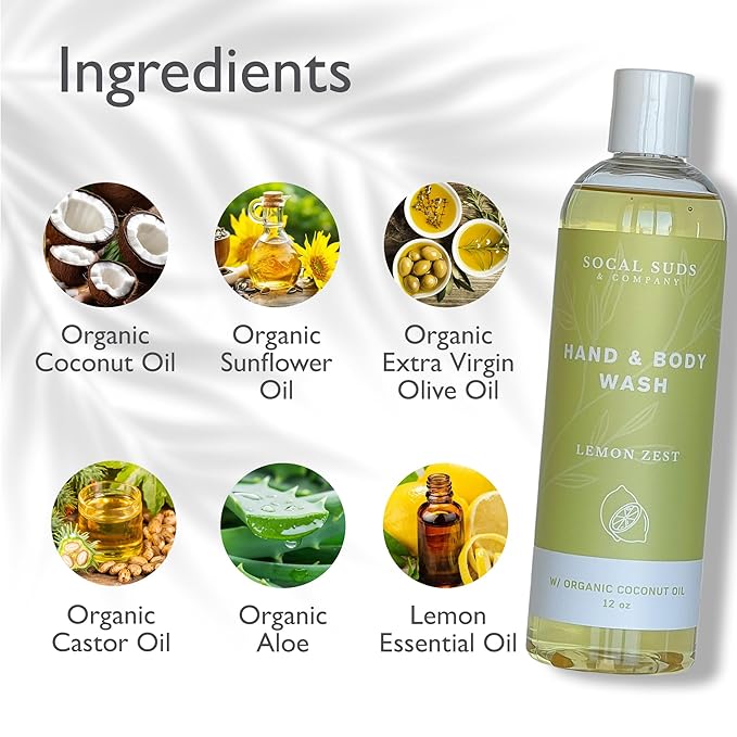 SoCal Suds & Company - 12oz Organic Soap Liquid, Gentle Hand & Body Wash, Organic Body Wash for Men and Women, Made w/Organic Oils & Coconut Oil, Bath Essentials for All Skin Types - Lemon Zest