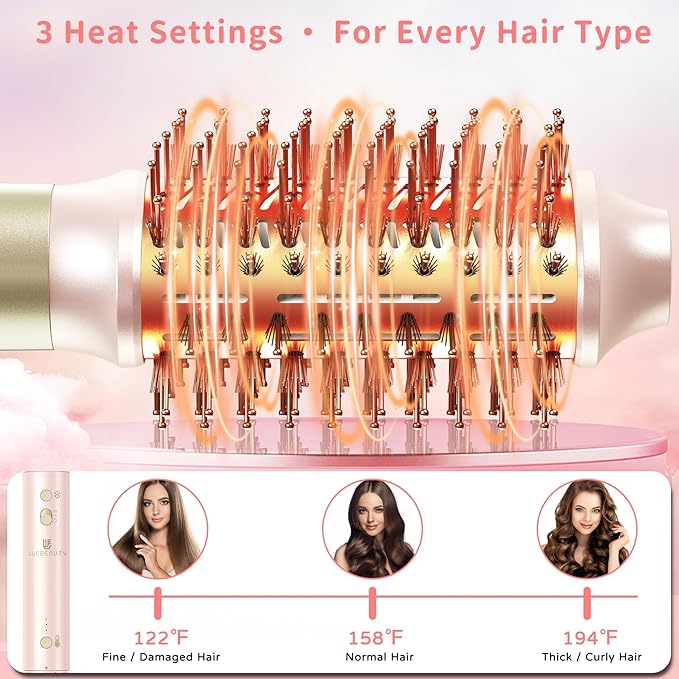 Hair Dryer Brush 8-in-1 Dual Voltage Hot Air Styler – Fast-Drying 110,000 RPM Ionic Blow Dryer with Straightener & Curler Attachments, Frizz-Free Volumizing Styler with Protective Hard Case-Pink