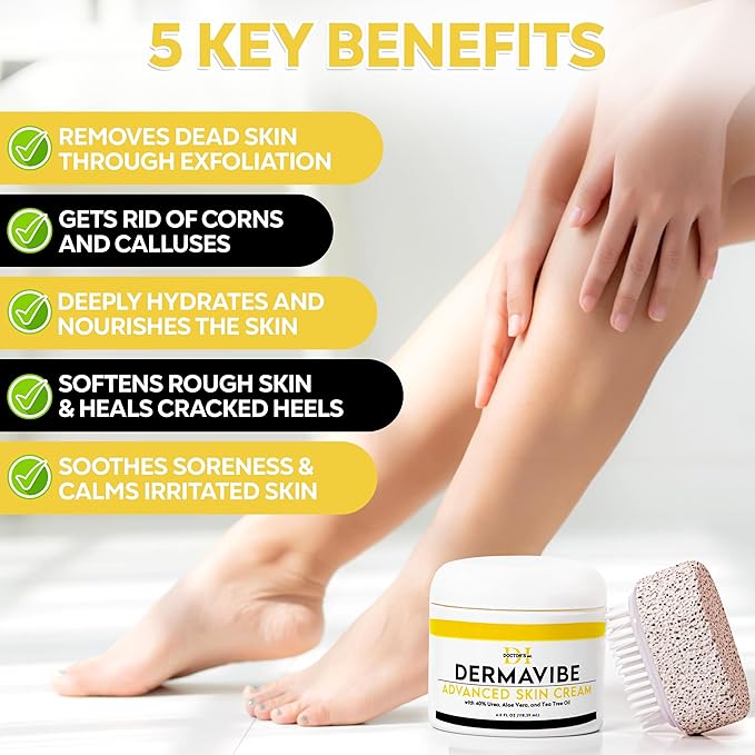 Premium 40% Urea Cream For Feet - Made In USA - Maximum Strength with Pumice Stone & Brush | Tested by Doctors | Intense Moisturizer & Corn, Callus and Dead Skin Remover, Dermavibe by DOCTOR'S INC.
