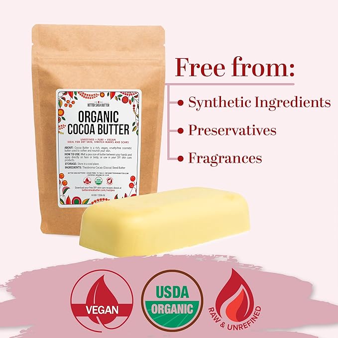 Organic Cocoa Butter Raw Unrefined - Food Grade USDA Certified - for Scars, Stretch Marks Cream - 100% Cocoa Butter Raw Organic for Skin Moisturizer, Lip Balm 8 oz
