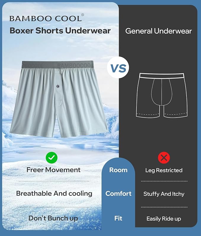 BAMBOO COOL Soft Men's Boxer Shorts 3 Pack,Silk Feeling Underwear for men with Button Fly,Breathable Loose Fit Boxers