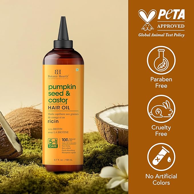 Botanic Hearth 100% Pure Pumpkin Castor Oil for Hair Growth | Infused with Pumpkin, Castor, Biotin | Hair Oil Repairs Dry Damaged Hair, Strengthening, Healthier - Hair Tonic, 6.7 fl oz