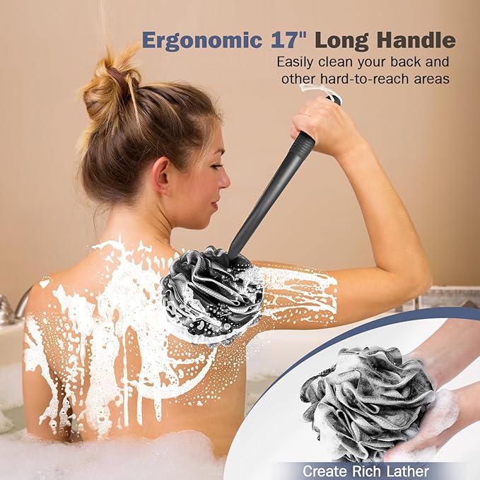 Non-Slip Back Scrubber with 17" Plastic Handle, Hand Shower Loofah & Loofah on a Stick Set, Black with White Edge