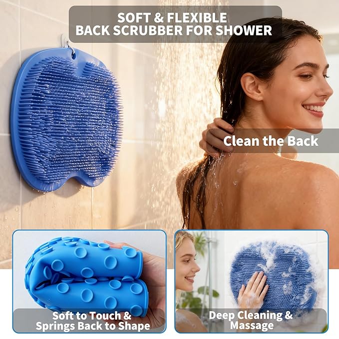 Shower Foot Scrubber Mat with 3 Types of Upgraded Brushes for Massage, Shower Back Scrubber with Micro suction cups,Back Washer,Shower Scrubber for Body at Home Spa (Sky Blue)