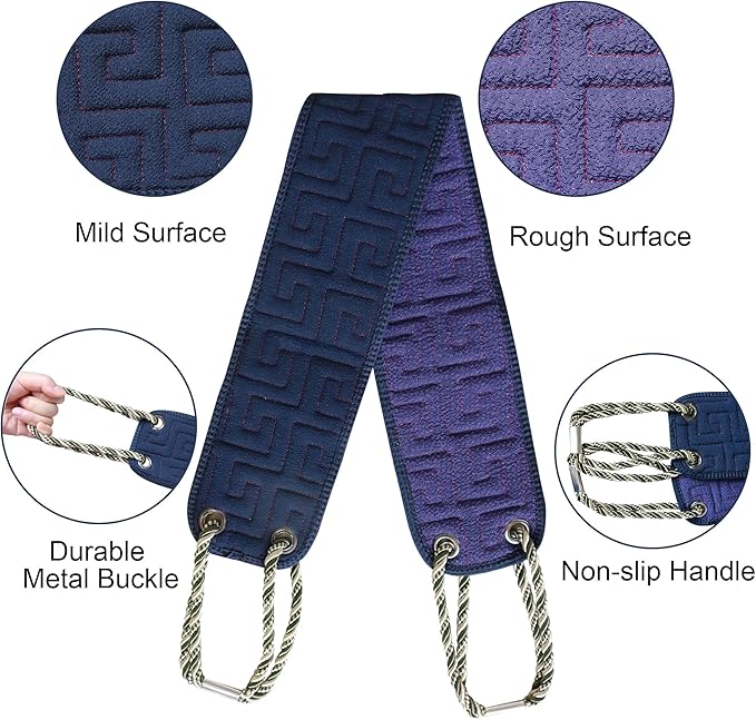 OWIIZI Exfoliating Back Scrubber for Shower, Double-Sided Back Scrub Washcloth with Antiskid Handles for Use in Shower, Body Exfoliator Scrub Towel Back Washer for Men & Women-38 Inches