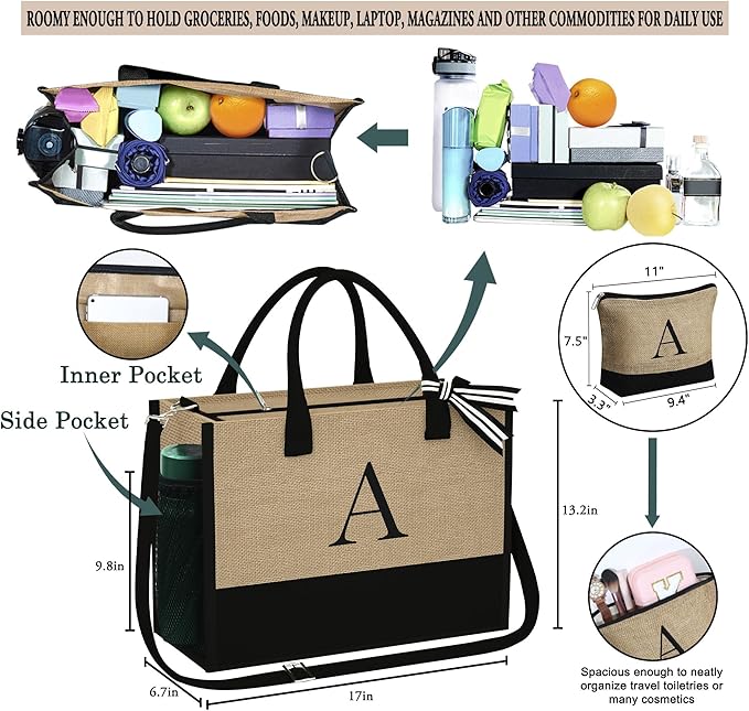 YOOLIFE Christmas Gifts for Women - Initial Jute Tote Bag & Makeup Bag, Birthday Gifts for Women Mom Wife Teacher Friend