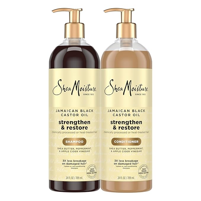 SheaMoisture Strengthen & Restore Shampoo and Conditioner Bundle Jamaican Black Castor Oil 2 Pack to Cleanse & Nourish Dry, Damaged Hair, 24 oz