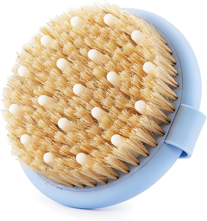 Dry Brushing Body Brush for Massage - Natural Boar Bristle Exfoliating Brush with Massage Nodes for Lymphatic Drainage, Cellulite, Blood Circulation Improving Skin Health for Women Men Elderly(Blue)