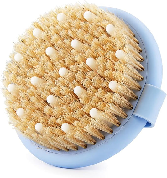 Dry Brushing Body Brush for Massage - Natural Boar Bristle Exfoliating Brush with Massage Nodes for Lymphatic Drainage, Cellulite, Blood Circulation Improving Skin Health for Women Men Elderly(Blue)