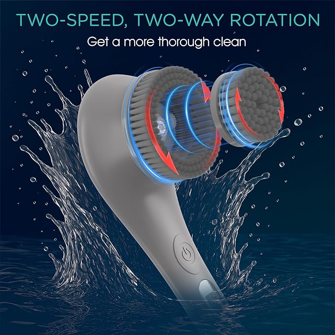 VOYOR Electric Body Brush Back Scrubber Silicone Body Scrubber Two-Way Rotating Brush Head for Deep Cleaning, Exfoliation, 4 Attachments Long Handle IPX6 Rechargeable Shower Brush BC300 (Grey)