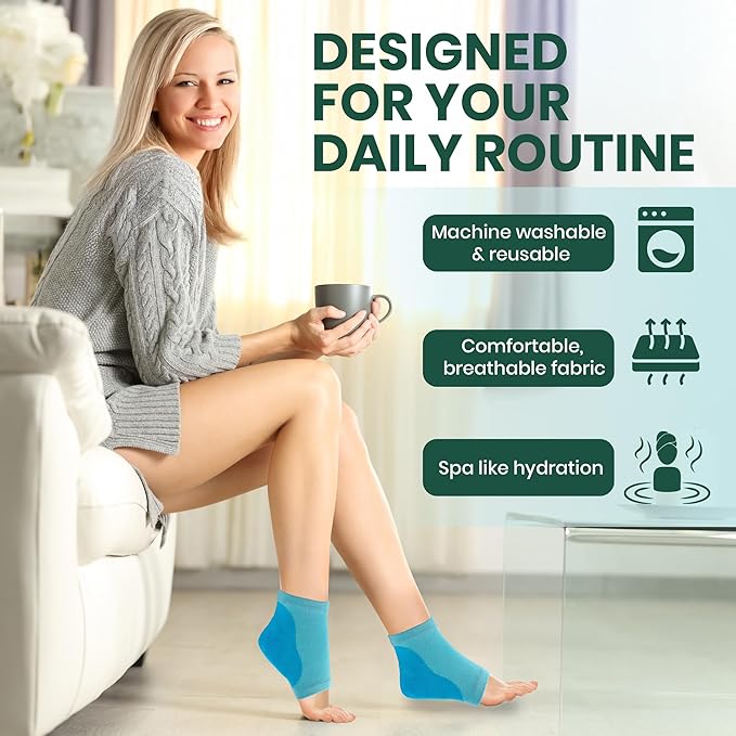 Moisturizing Heel Socks for Cracked Heels - Gel Socks for Dry Cracked Feet Repair - Silicone Socks for Women’s Foot Treatment & Overnight Hydration (Turquoise, 2-Pair)